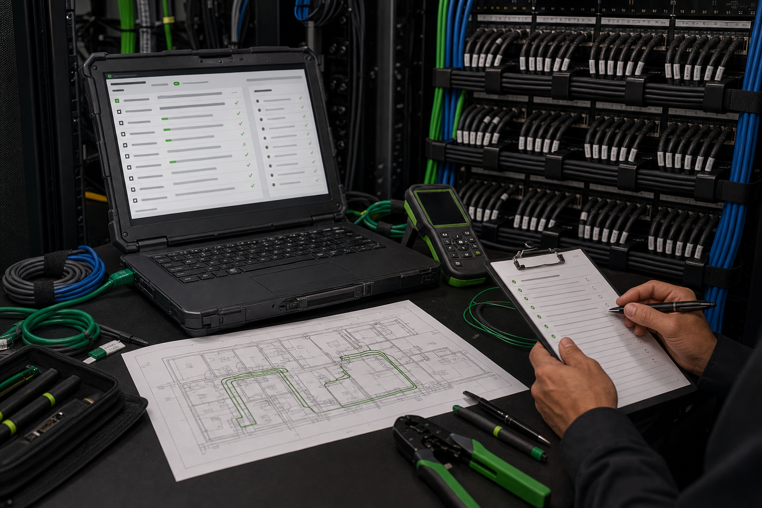 Scope checklist, marked floor plan, and field tools used to coordinate a network project