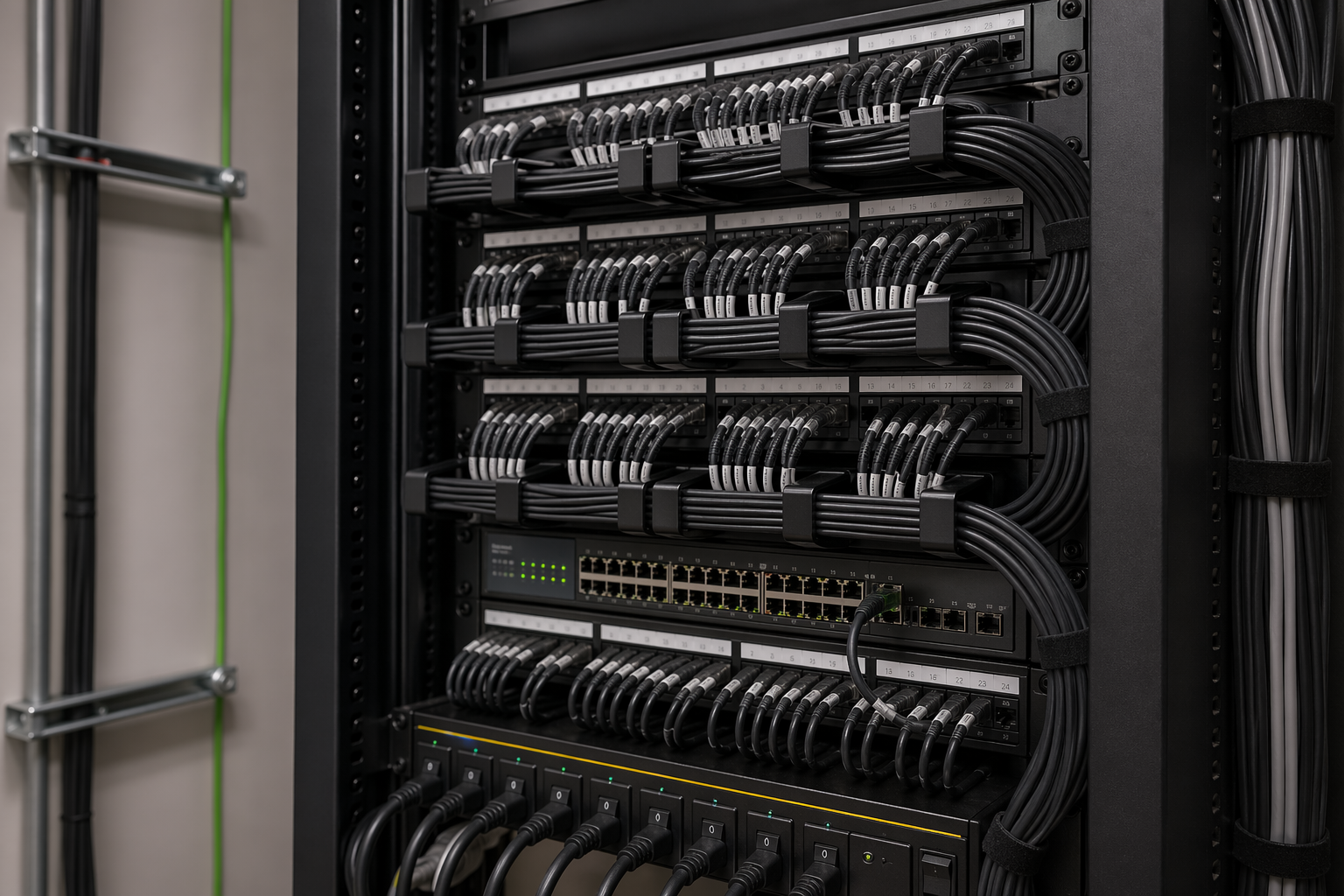 Organized network rack and labeled patch cables