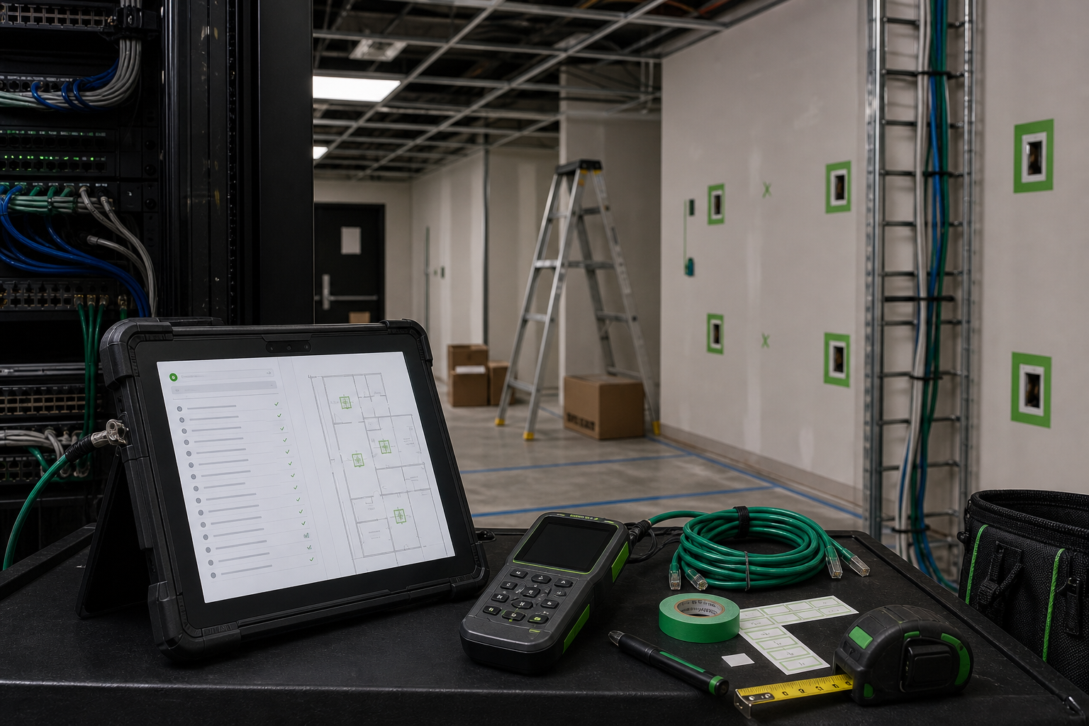 Tablet checklist and marked wall locations used during a site survey
